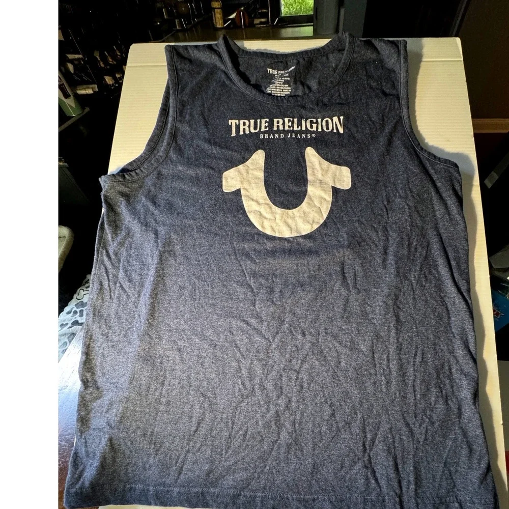True Religion Mens XL Tank Top Blue Heather Horseshoe Logo Loungewear Sleeveless